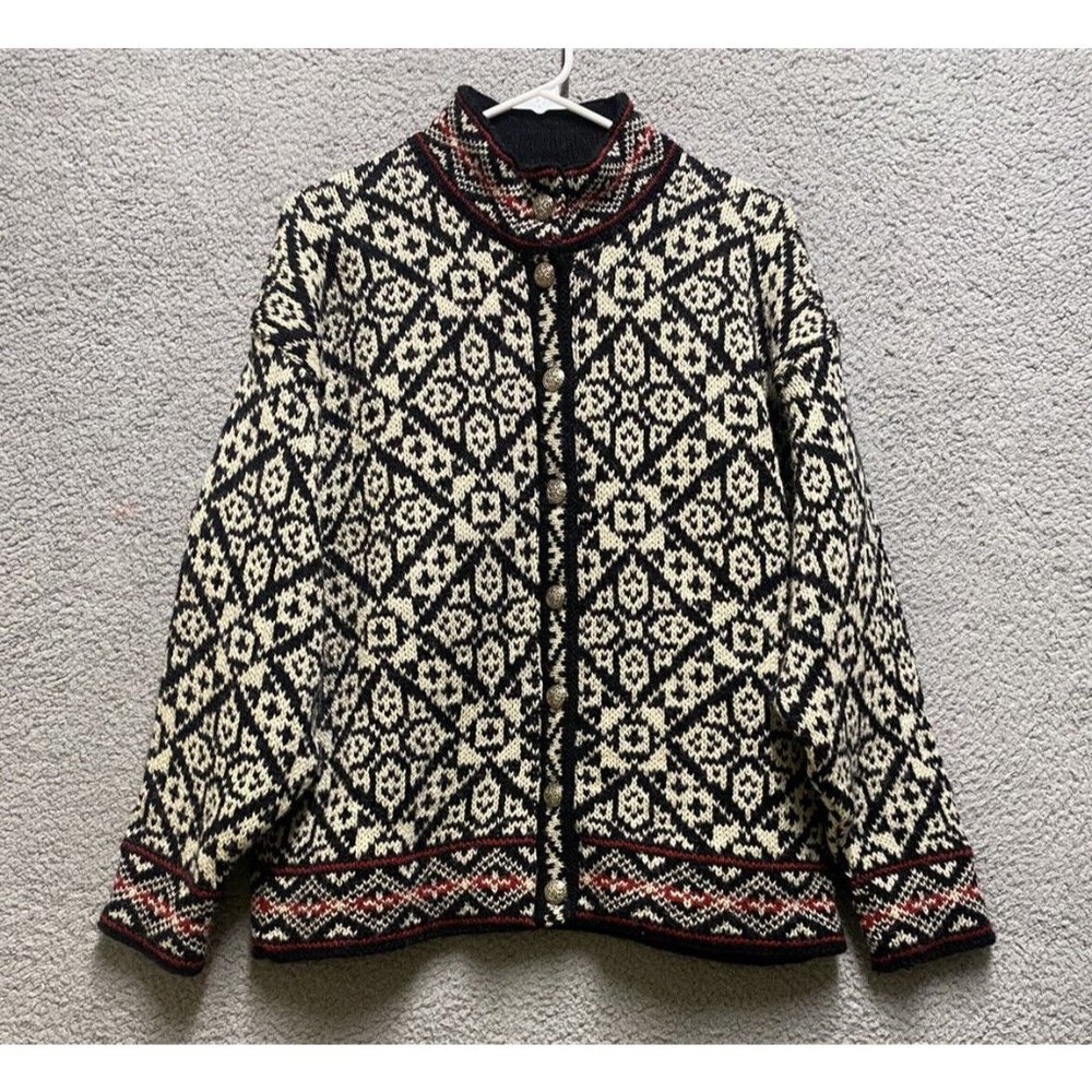 L L Bean Women's Sz L Nordic Cardigan Sweater Wool Fair Isle Snowflake USA Made